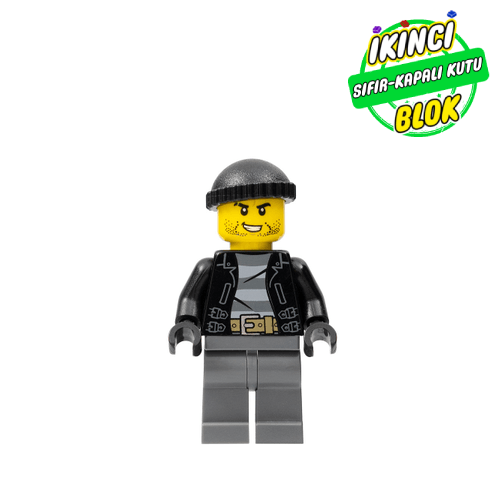 LEGO® Minifigür Criminal, Open Black Jacket over Prison Shirt, Dark Bluish Grey Legs, Black Hat, Stubble Sıfır cty0930
