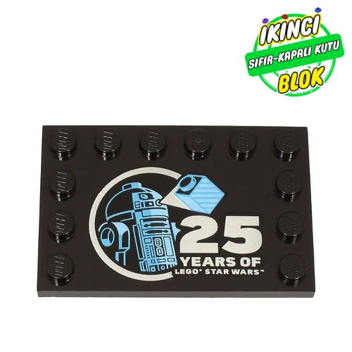LEGO® Plate Special 4 x 6 with Studs on 3 Edges with R2-D2, Hologram Brick, '25 YEARS OF LEGO STAR WARS' print Siyah Sıfır