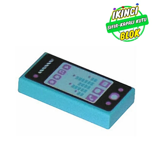 LEGO® Tile 1 x 2 with Smart Phone with Phone, Mail, Speech Bubble, Star, Flower, Note, Play Button and Sound Level Print Orta Azur Sıfır