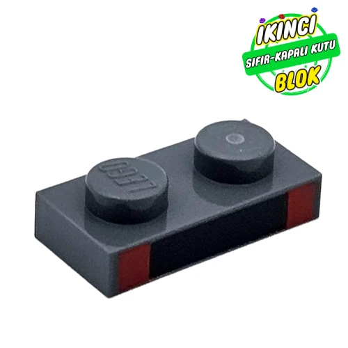 LEGO® Plate 1 x 2 with Black Rectangle, Red Squares print Koyu Mavimsi Gri Sıfır