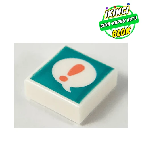 LEGO® Tile 1 x 1 with Coral Exclamation Mark in White Bubble on Dark Turquoise Background print Beyaz Sıfır