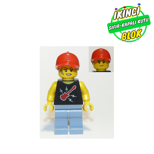 LEGO® Minifigür Woman, Black Top with Guitar, Sand Blue Legs, Red Cap with Hair Sıfır cty1102