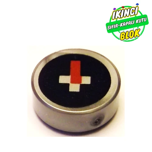 LEGO® Tile Round 1 x 1 with Pixelated Red and White on Black Background Minecraft Compass Print Mat Gümüş Sıfır