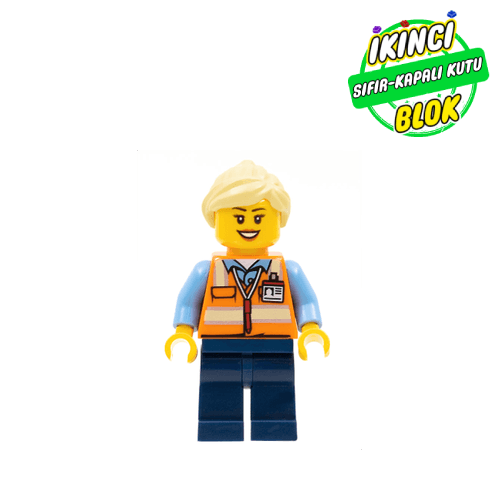 LEGO® Minifigür Train Worker - Orange Vest, Dark Blue Legs, Light Yellow Hair, Female Sıfır trn245