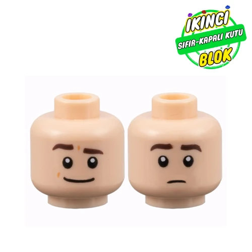 LEGO® Minifig Head Jim Halpert, Thick Dark Brown Eyebrows, Smile with Raised Eyebrow / Neutral print Açık Nugat Sıfır