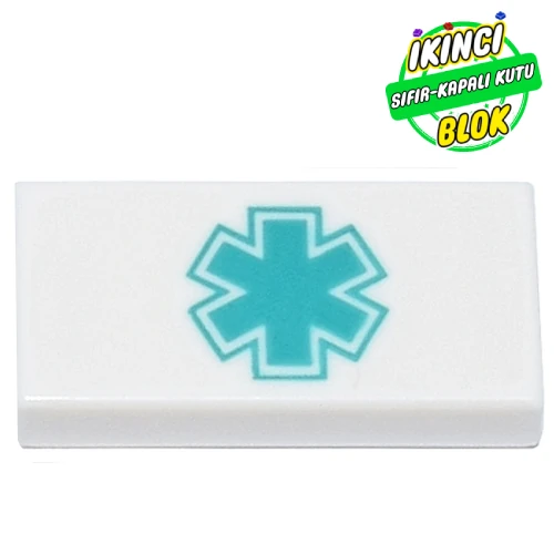 LEGO® Tile 1 x 2 with Dark Turquoise Star of Life print Beyaz Sıfır