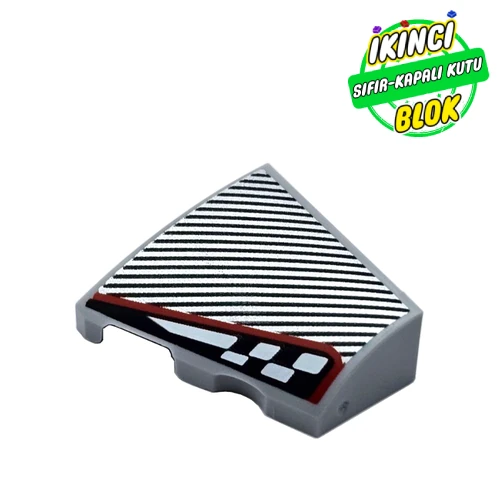 LEGO® Slope Curved 2 x 2 with Stud Notch Left with Black Stripes, Black/White Headlight, Red Border print Açık Mavimsi Gri Sıfır
