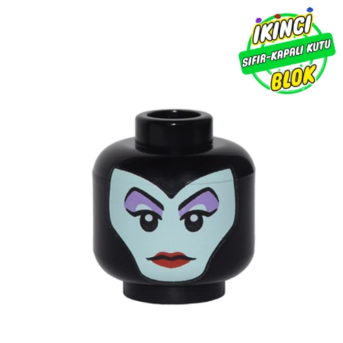 LEGO® Minifig Head Maleficent, Balaclava, Light Aqua Face, Medium Lavender Eye Shadow, Pointed Eyebrows, Red Lips Print Siyah Sıfır