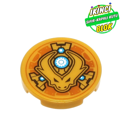 LEGO® Tile Round 2 x 2 with Dragon Head, White Gear in Dark Azure Circle print İnci Altın Sıfır