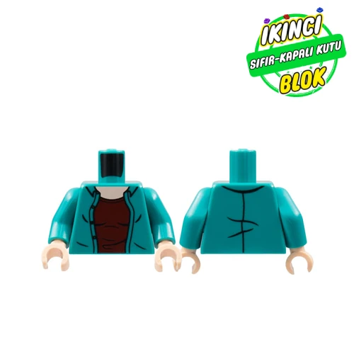 LEGO® Torso Shirt, Open over Dark Red Undershirt Print, Dark Turquoise Arms, Light Nougat Hands Koyu Turkuaz Sıfır