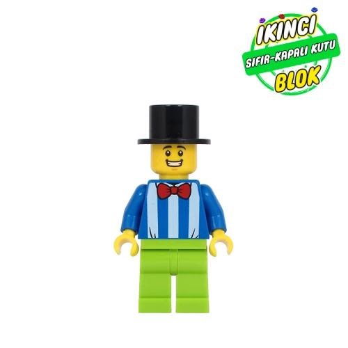 LEGO® Minifigür Blue Torso with White Stripes, Lime Legs, Black Top Hat Sıfır twn413