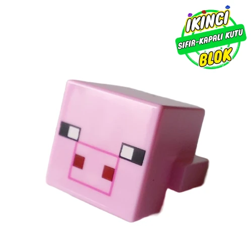 LEGO® Minifig Head Special, Cube with Rear Ledge, Pixelated Black, White and Dark Red Face, Dark Pink Snout Outline Print (Pig) Parlak Pembe Sıfır