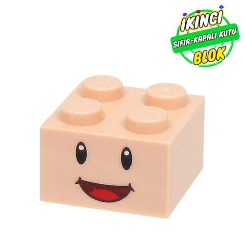 LEGO® Brick 2 x 2 with Face, Black Eyes and Open Mouth Smile Print Açık Nugat Sıfır