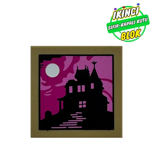 LEGO® Tile 2 x 2 with Black House Silhouette, Dark Purple/Dark Pink Sky, Moon print Koyu Bej Sıfır