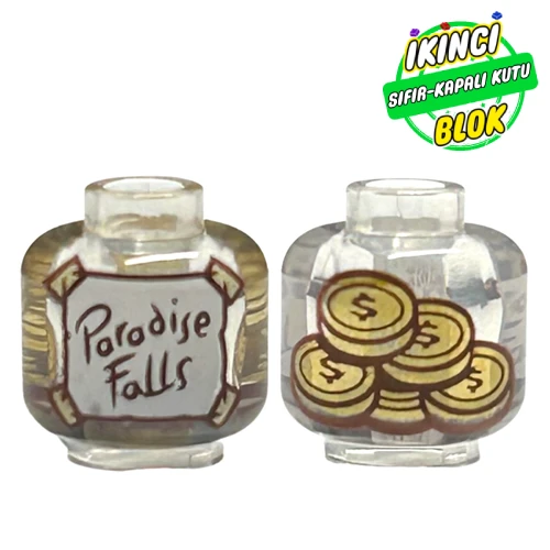 LEGO® Minifig Head (No Face), 'Paradise Falls' on Note, Coins print Şeffaf Sıfır