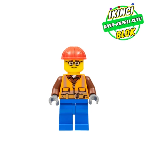 LEGO® Minifigür Construction Worker, Orange Safety Vest with Zipper over Reddish Brown Shirt, Blue Legs, Red Hard Hat, Glasses Sıfır cty1162