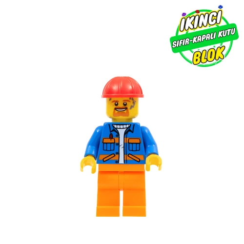 LEGO® Minifigür Construction Worker, Blue Jacket with Orange Stripes, Orange Legs, Red Hard Hat, Goatee Beard and Dirty Sıfır cty1161