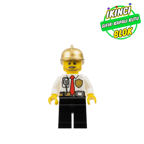 LEGO® Minifigür Fireman, White Shirt with Red Tie, Badge, and Radio on Pocket, Gold Helmet, Beard Sıfır cty0973