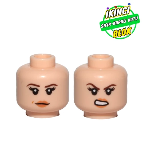LEGO® Minifig Head, Brown Eyebrows, Peach Lips, Beauty Mark, Neutral / Angry Print Açık Nugat Sıfır