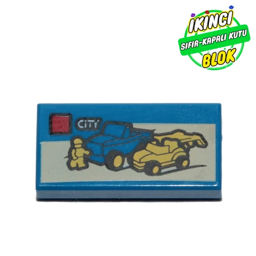 LEGO® Tile 1 x 2 with 'CITY', 2 Cars (Dune Buggy Transporter) print Mavi Sıfır