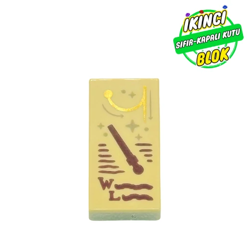LEGO® Tile 1 x 2 with Dark brown Wand, Scribbles, 'W', 'L', Silver Stars print Bej Sıfır