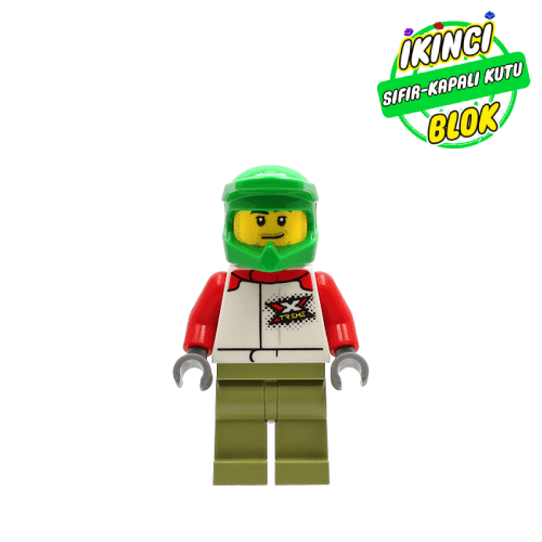 LEGO® Minifigür Man, White Racing Jacket, Olive Green Legs, Green Dirt Bike Helmet, Stubble Sıfır cty1231