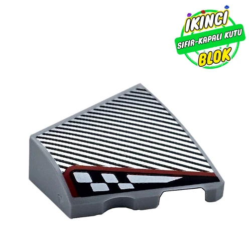 LEGO® Slope Curved 2 x 2 with Stud Notch Right with Black Stripes, Black/White Headlight, Red Border print Açık Mavimsi Gri Sıfır