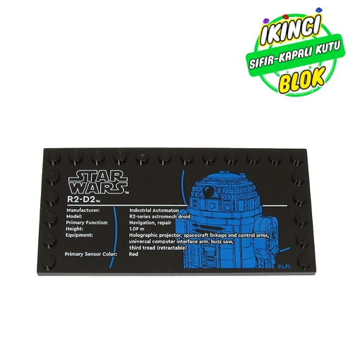 LEGO® Plate Special 6 x 12 with Studs on 3 Edges with 'STAR WARS R2-D2', Stats print Siyah Sıfır
