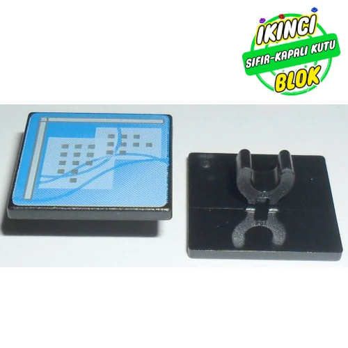 LEGO® Road Sign Clip-on 2 x 2 Square [Thick Open O Clip] with Curved Blue Lines and Small Black Squares Print Siyah Sıfır