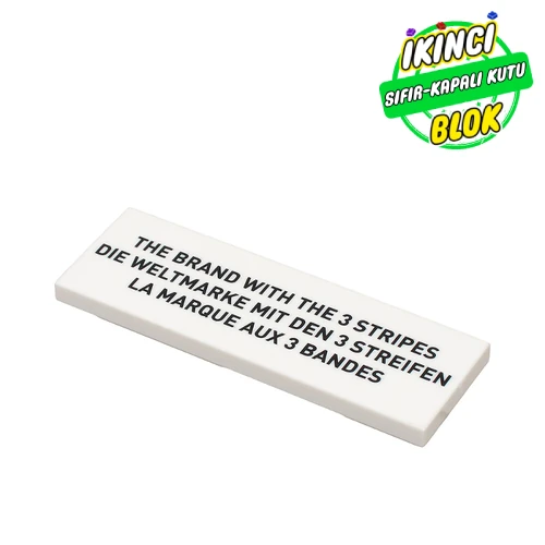 LEGO® Tile 2 x 6 with 'THE BRAND WITH THE 3 STRIPES', 'DIE WELTMARKE MIT DEN 3 STREIFEN', 'LA MARQUE AUX 3 BANDS' print Beyaz Sıfır