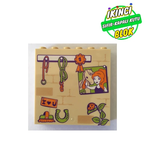 LEGO® Panel 1 x 6 x 5 with Holsters, Coat rack, Horse Shoe, Lady Bug, Photo of Girl with Horse, Brush print Bej Sıfır