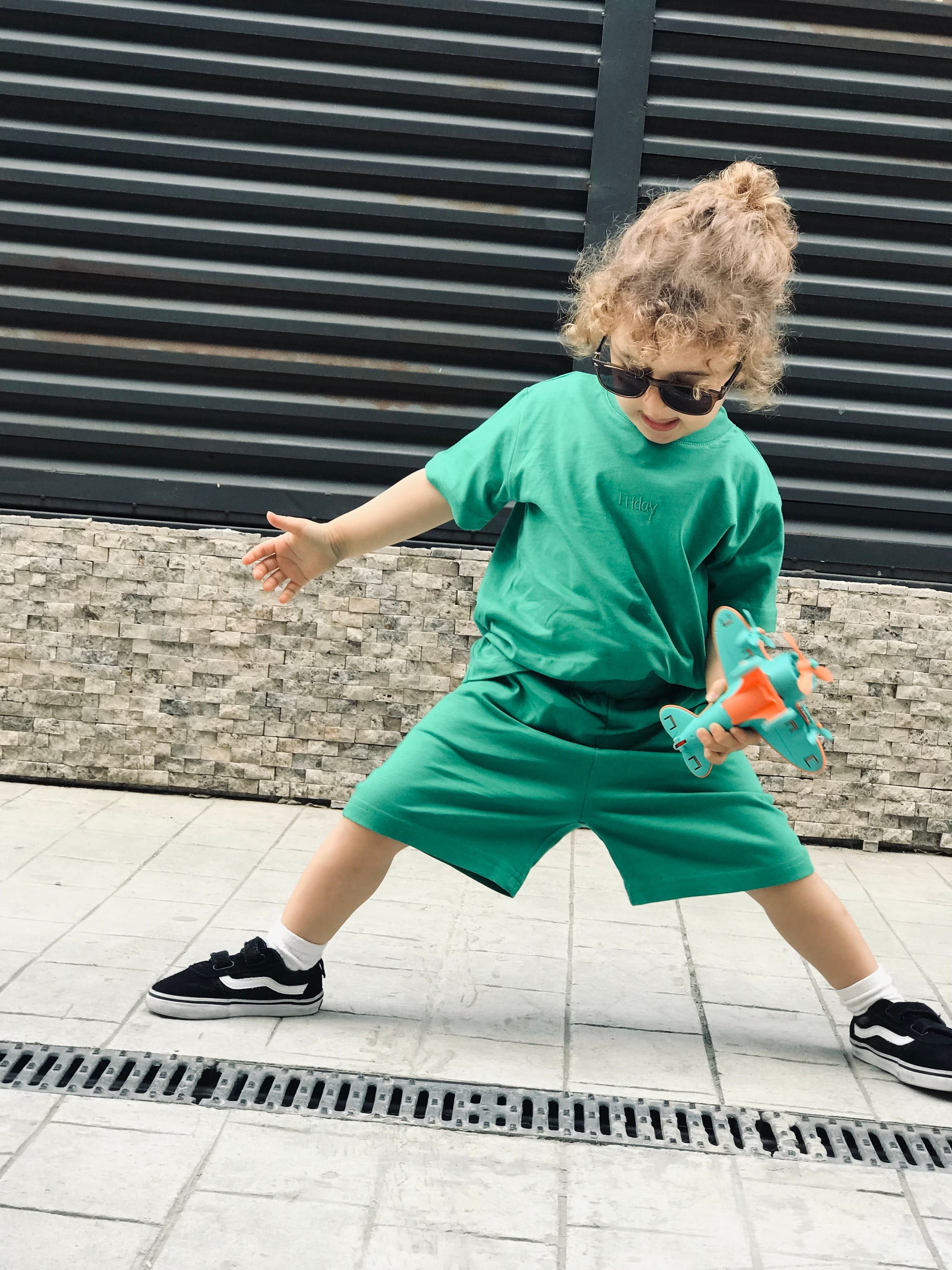 Friday Nakış Detaylı Yeşil 2'li Şort T-shirt Takım
