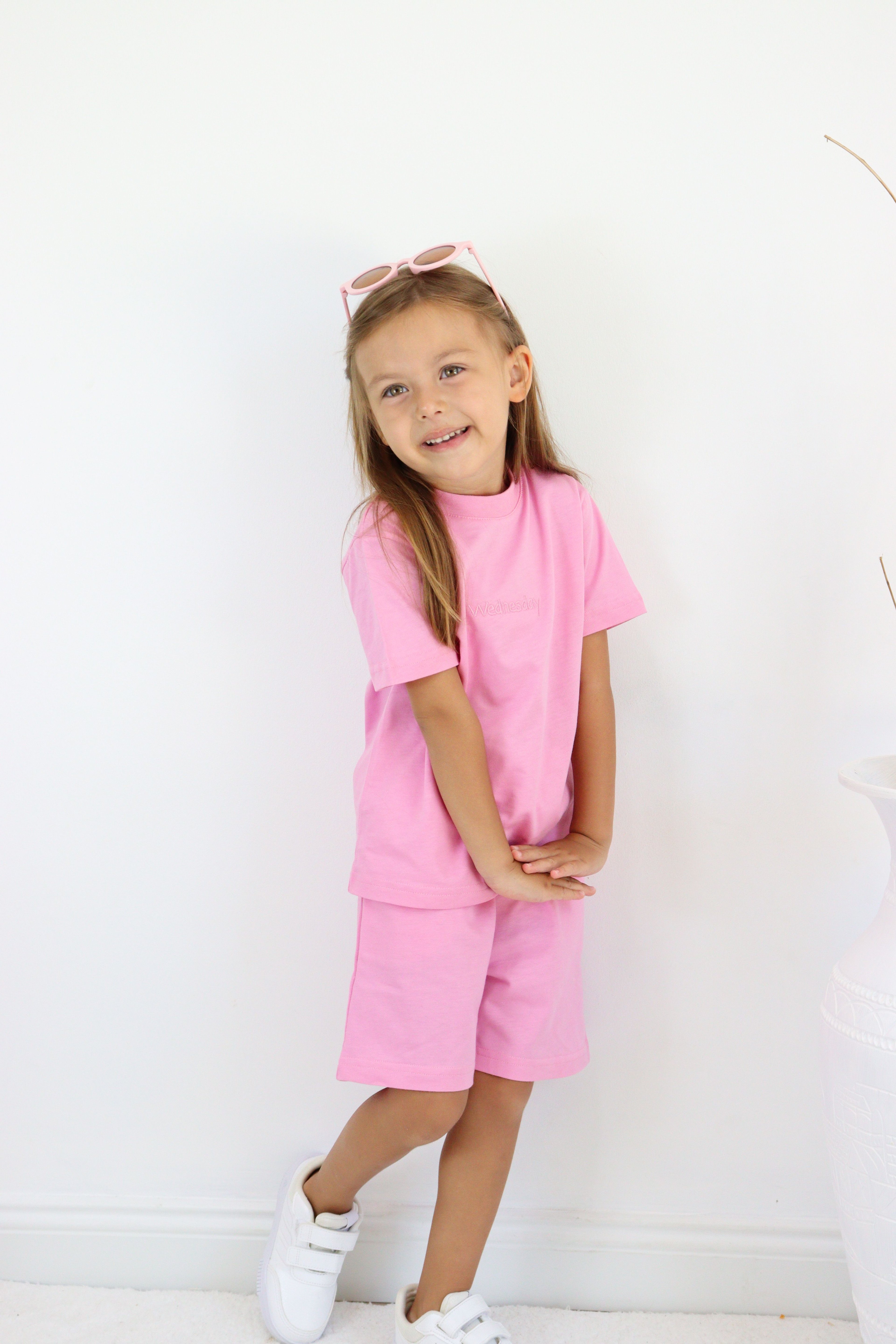 Wednesday Nakış Detaylı Pembe 2'li Şort T-shirt Takım