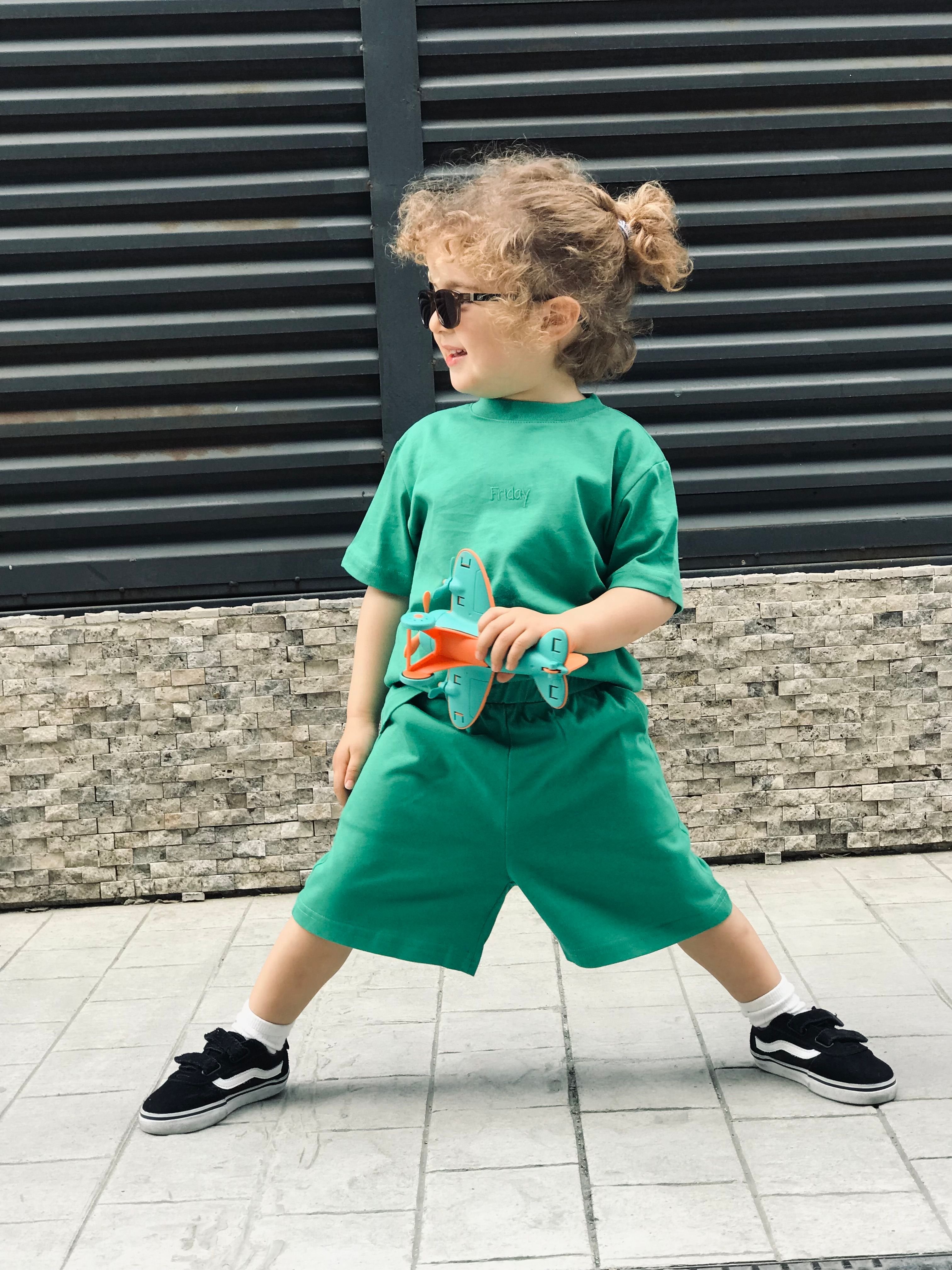 Friday Nakış Detaylı Yeşil 2'li Şort T-shirt Takım