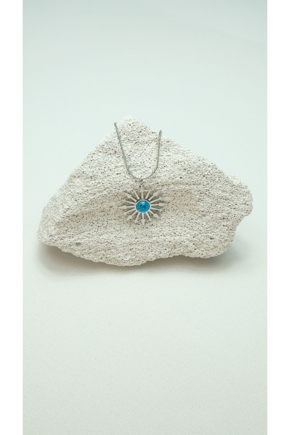 ÇELİK FİRUZE TAŞLI GÜNEŞ SİLVER KOLYE