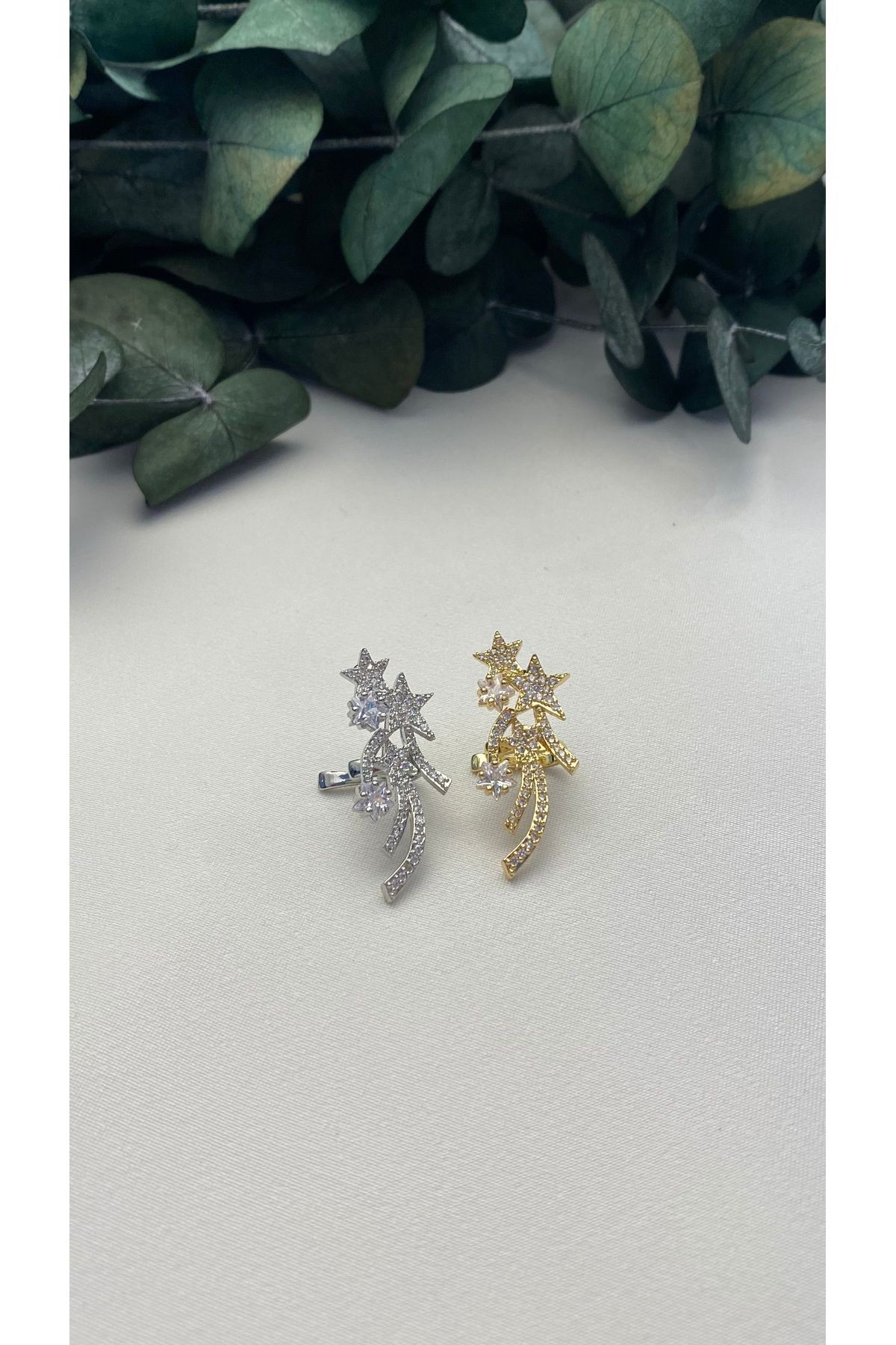 ALTIN KAPLAMA ZİRKON TAŞLI KAYAN YILDIZ EARCUFF SİLVER