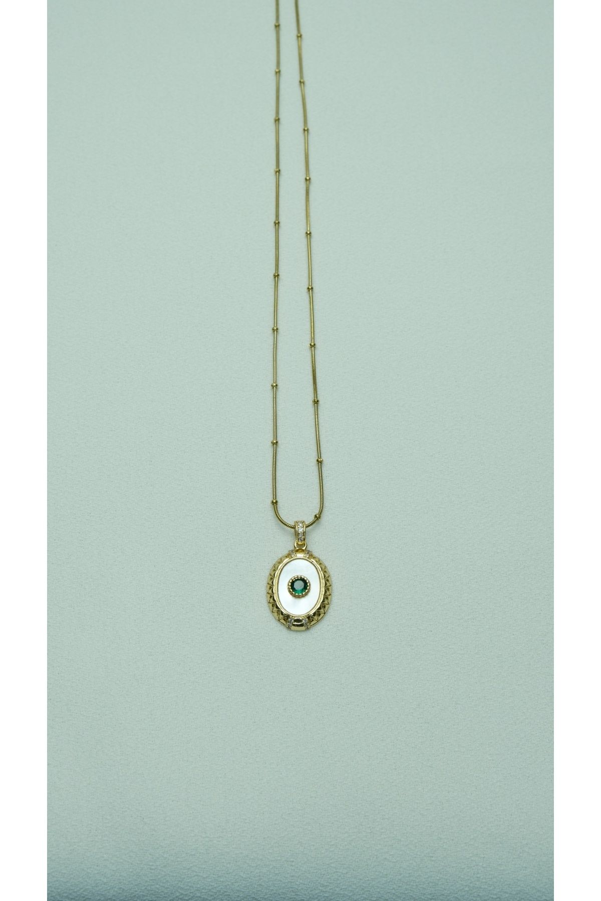 Çelik Vintage Yeşil Taş Detaylı Pinterest Gold Kolye