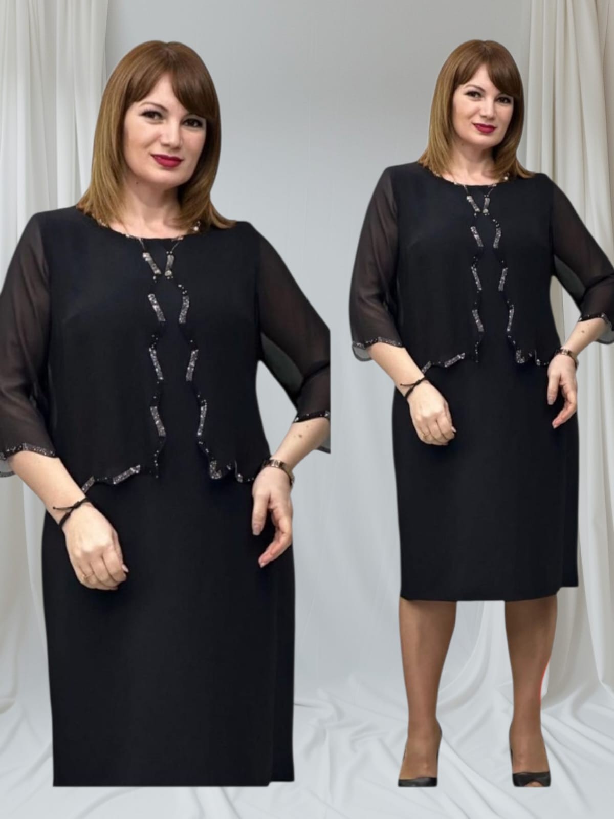Krep Kumaş Üzeri Taşlı Şifon Detaylı Elbise