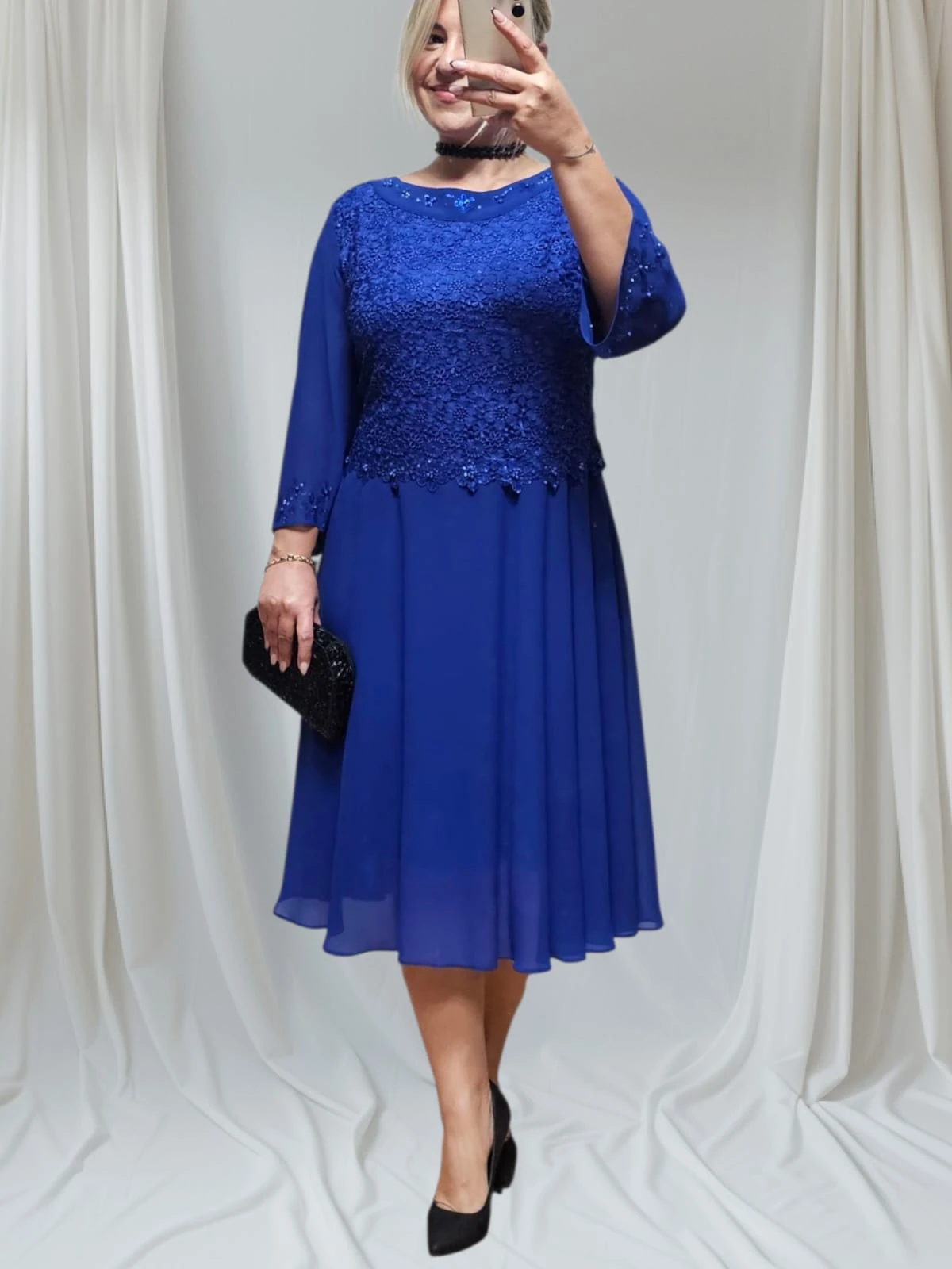 Sax Mavi Dantel Şifon Elbise