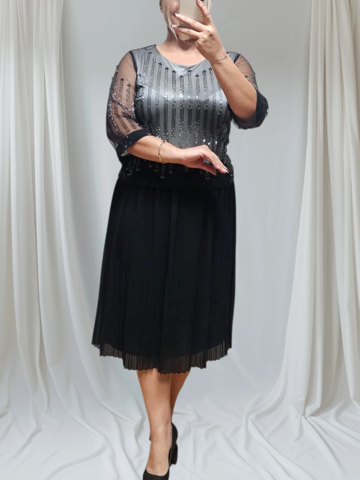 Siyah Taşlı Şifon Tasarım Elbise