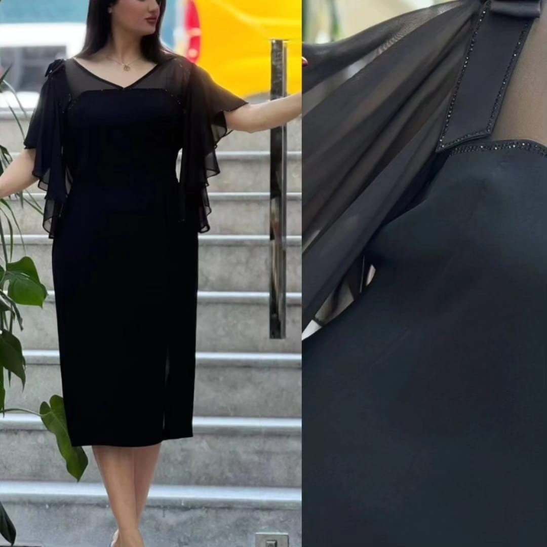 Siyah Krep Jorjet Kumaş Tasarım Elbise