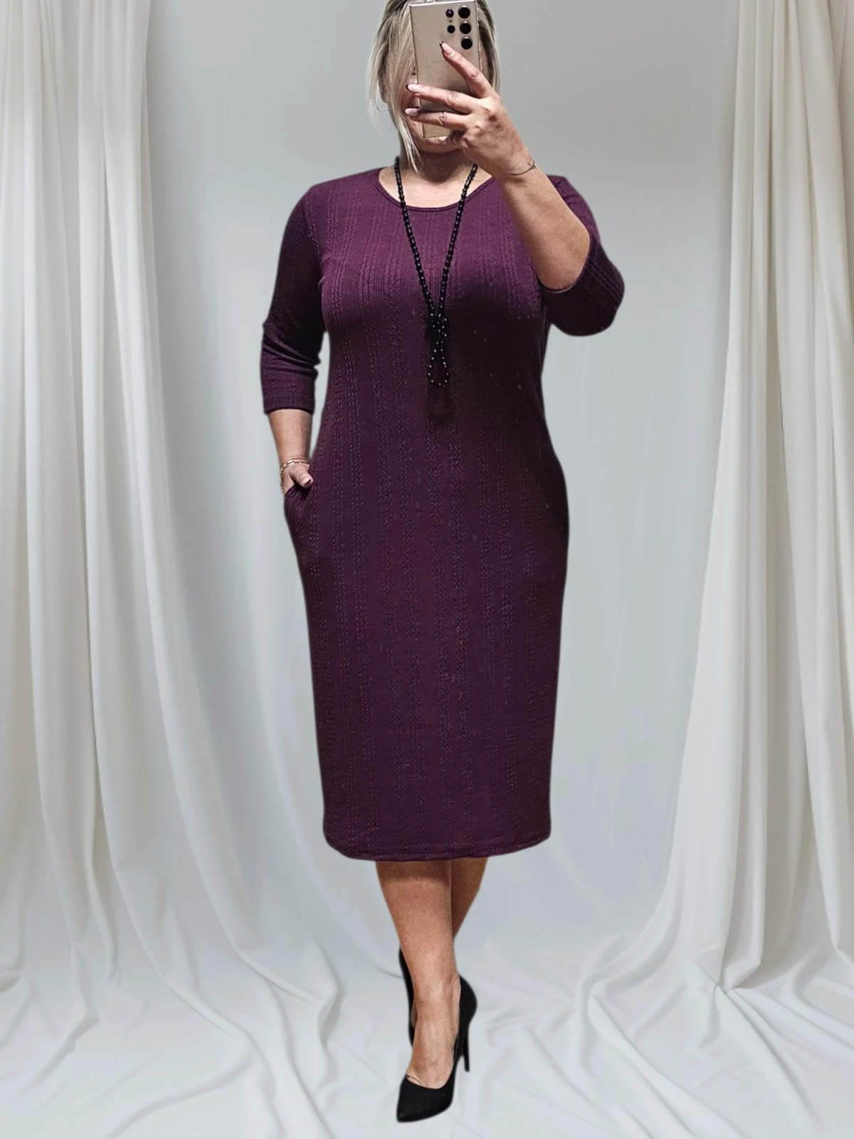 Mor Renk Kaşkorse Esnek Triko Elbise