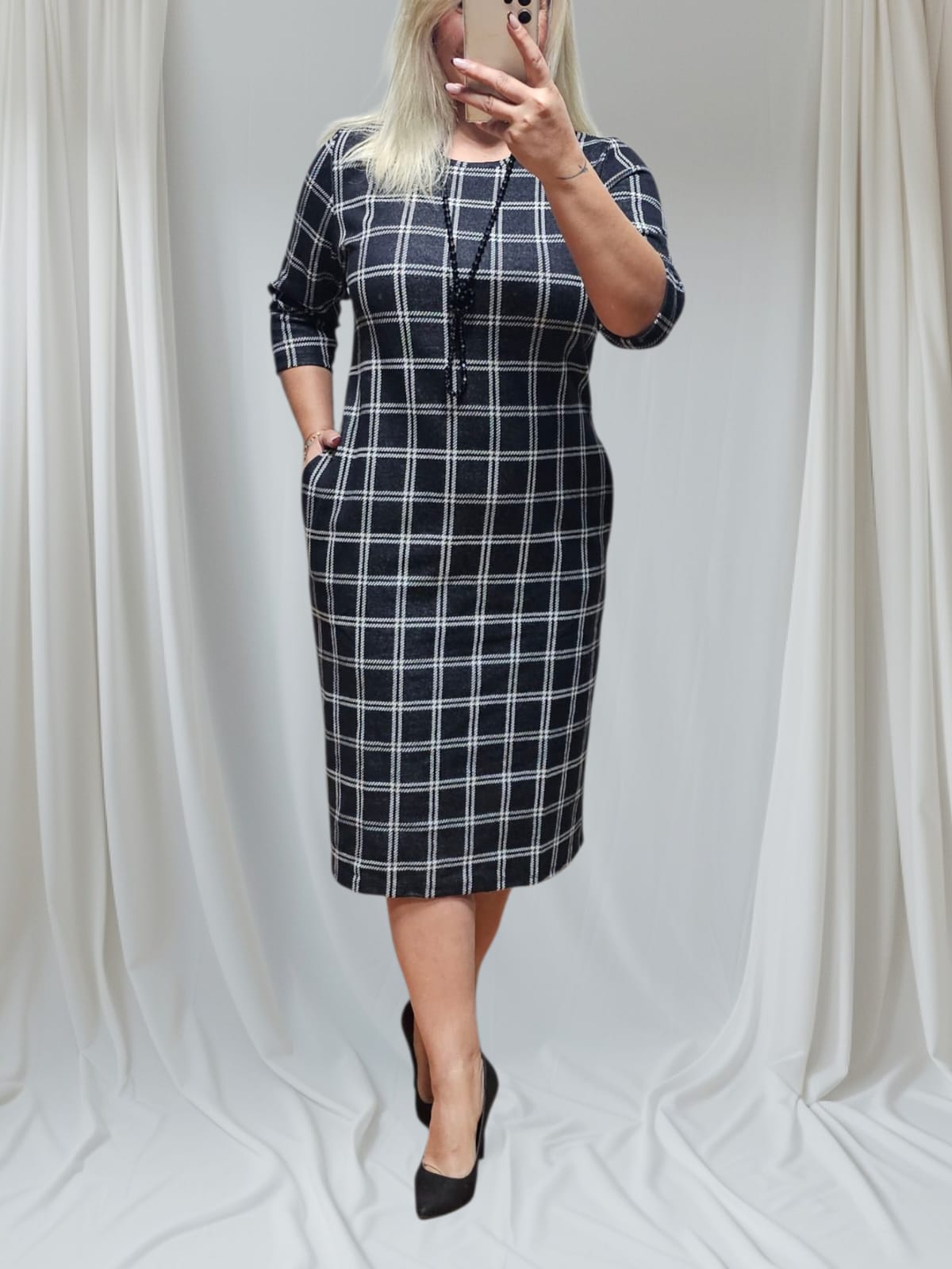 Siyah Beyaz Ekose Kaşkorse Kumaş Kışlık Elbise