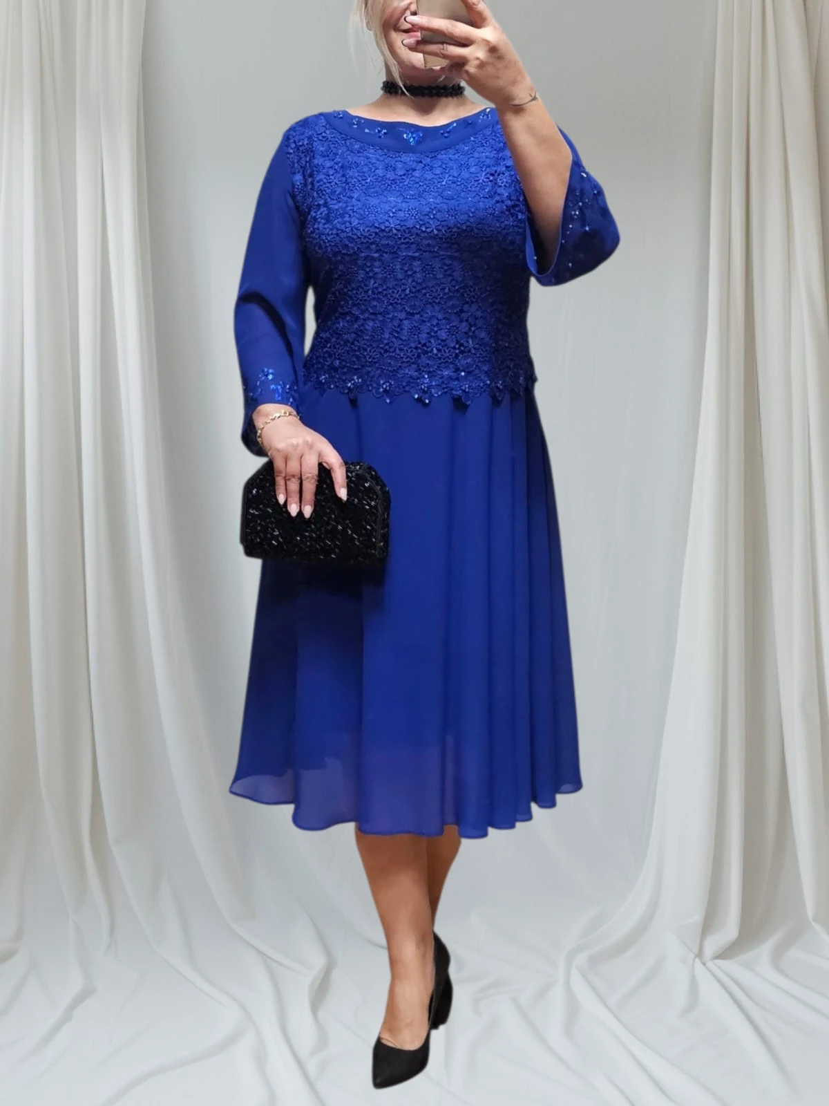 Sax Mavi Dantel Şifon Elbise