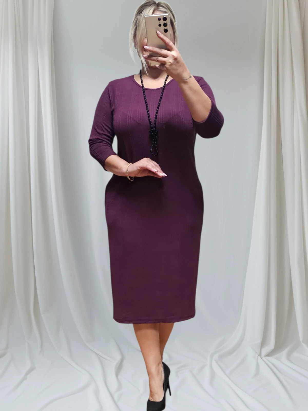 Mor Renk Kaşkorse Esnek Triko Elbise