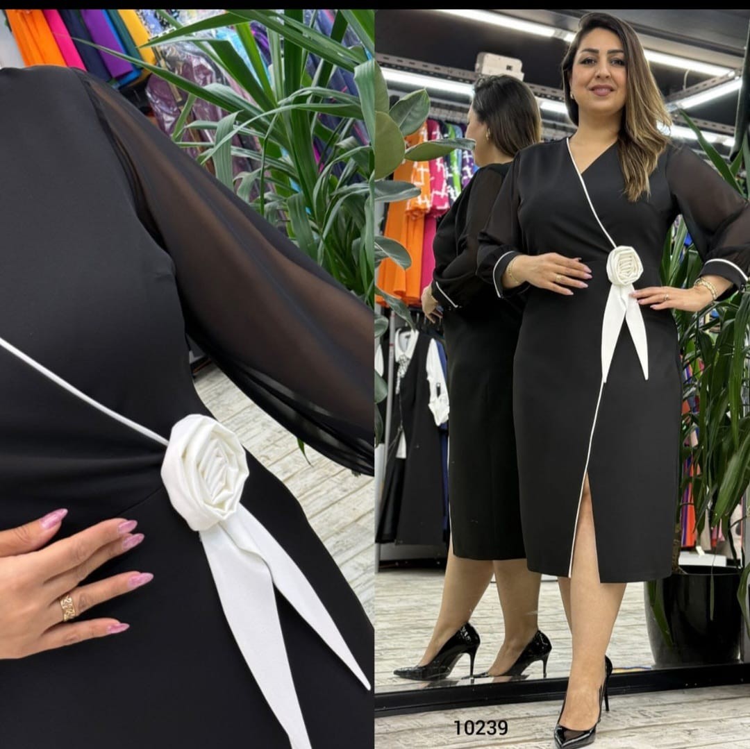 Siyah Krep Kumaş Beli Gül Detaylı Tasarım Elbise 