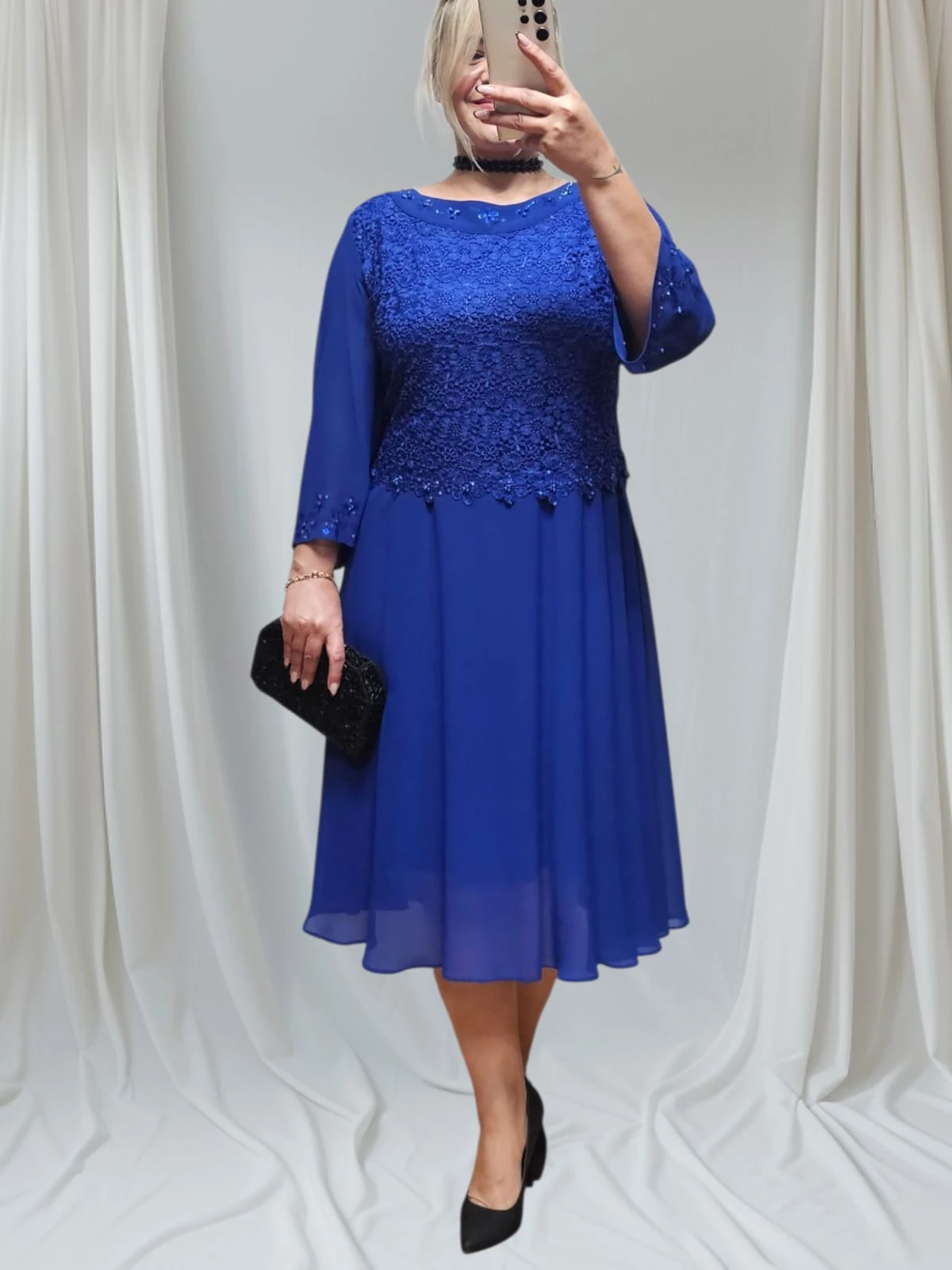 Sax Mavi Dantel Şifon Elbise