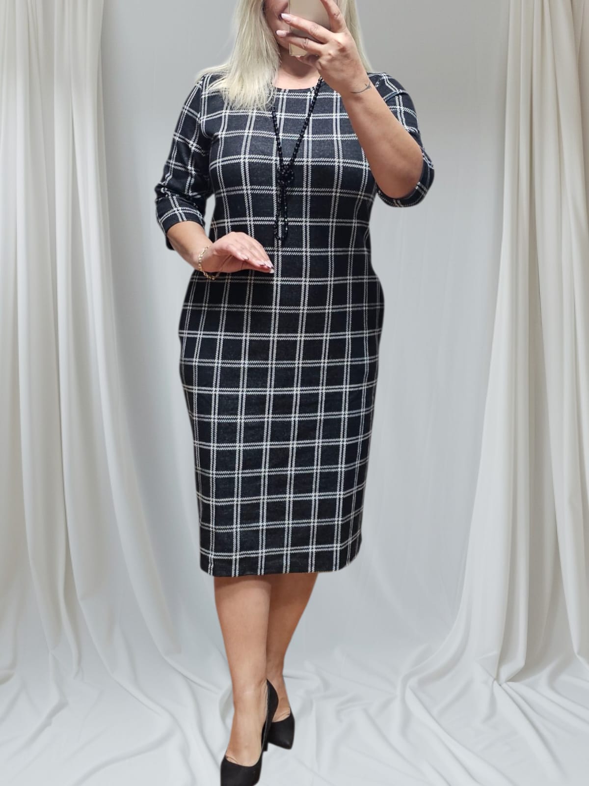 Siyah Beyaz Ekose Kaşkorse Kumaş Kışlık Elbise