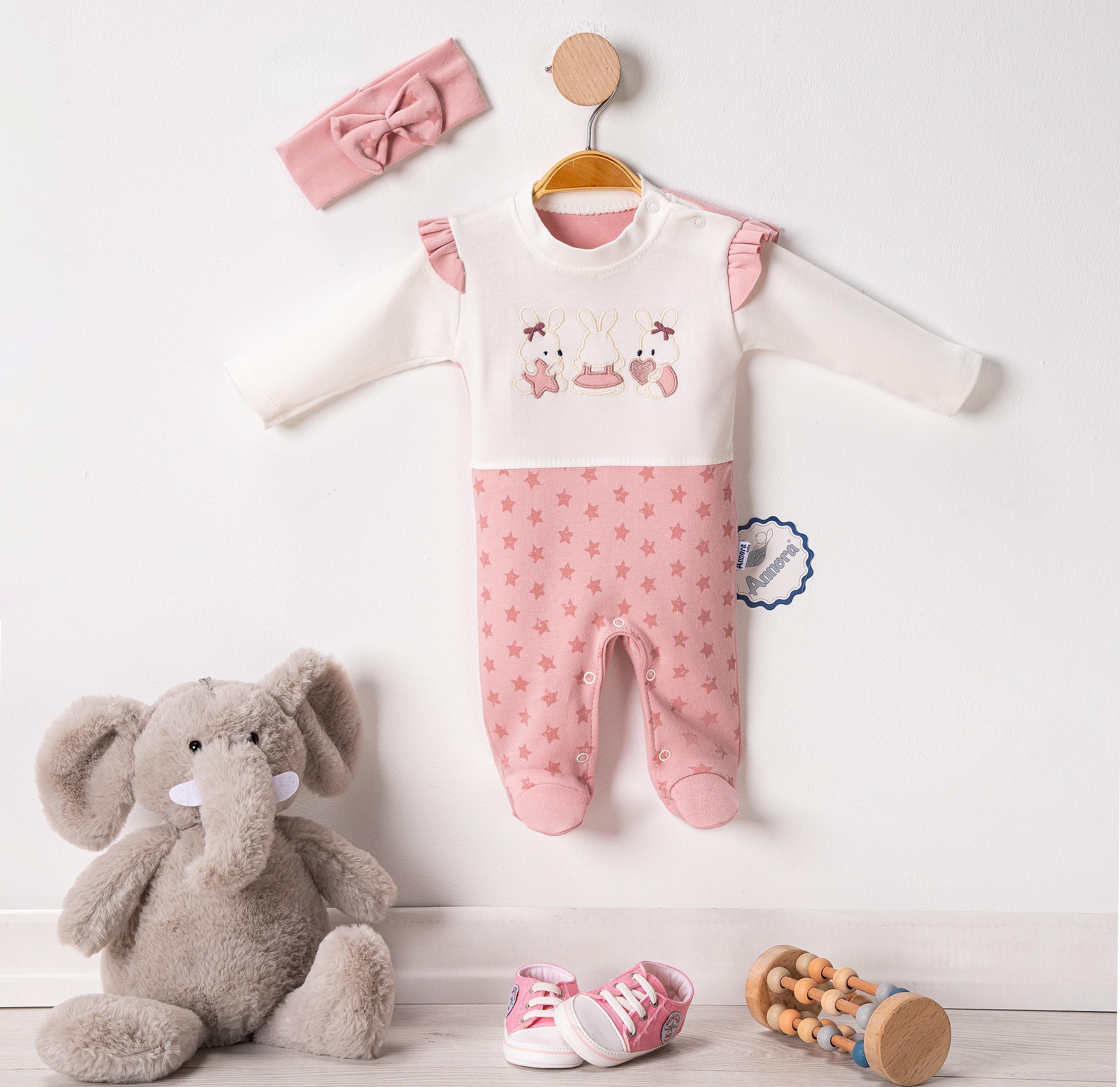 Yıldızlı Fiyonklu Tavşanlar Kız Bebek Tulumu