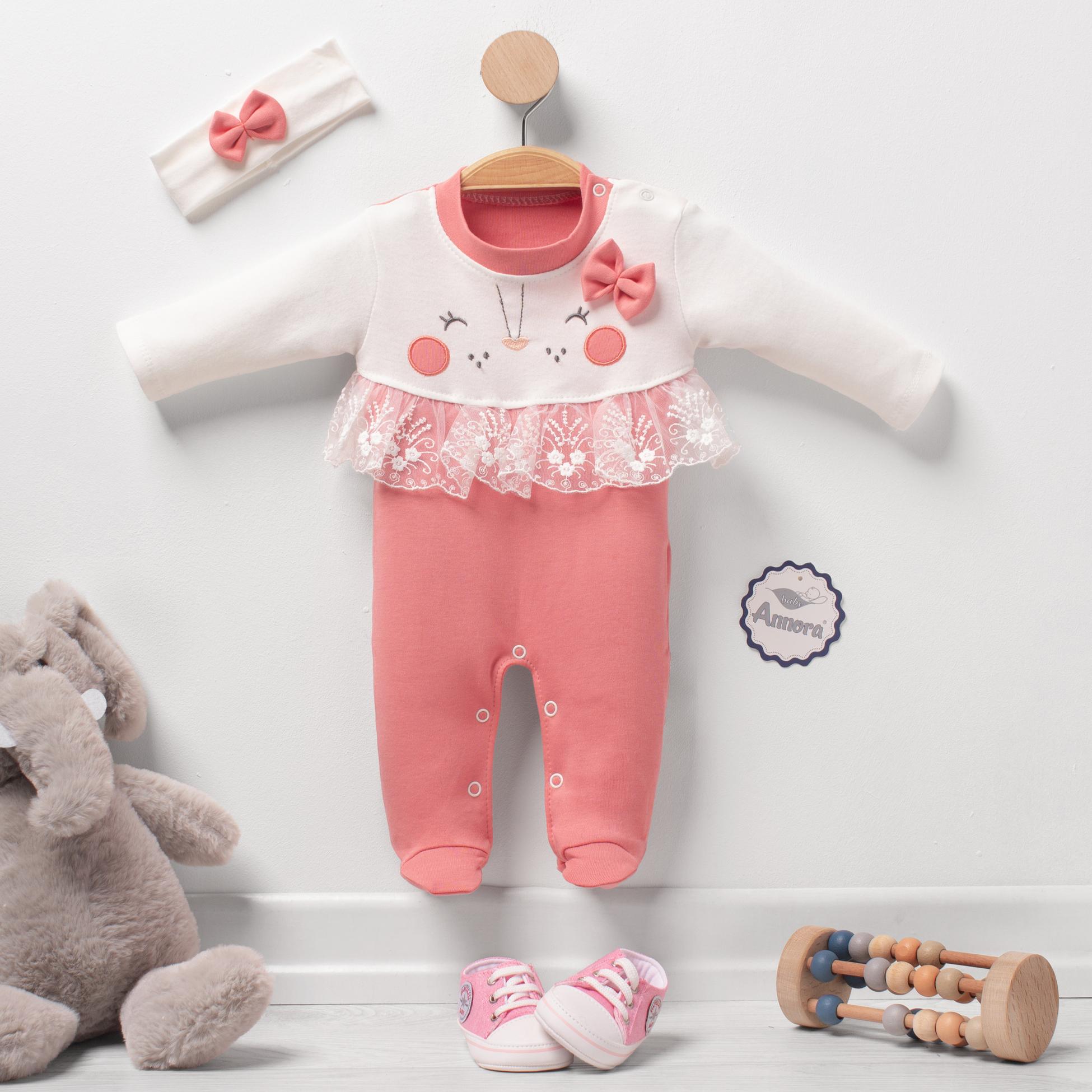Fiyonklu Güpürlü Tavşan Kız Bebek Tulumu